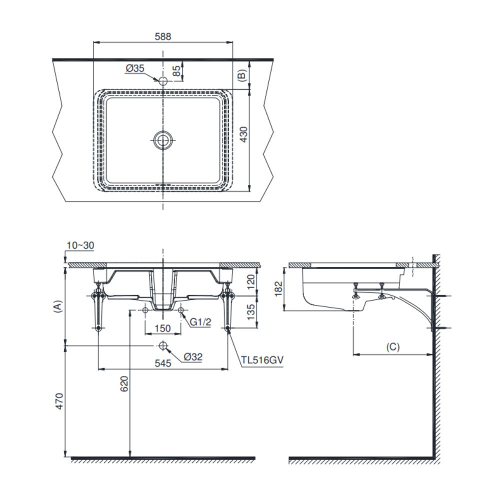 Chậu lavabo âm bàn TOTO LW1556A#XW/TL516GV kèm giá đỡ