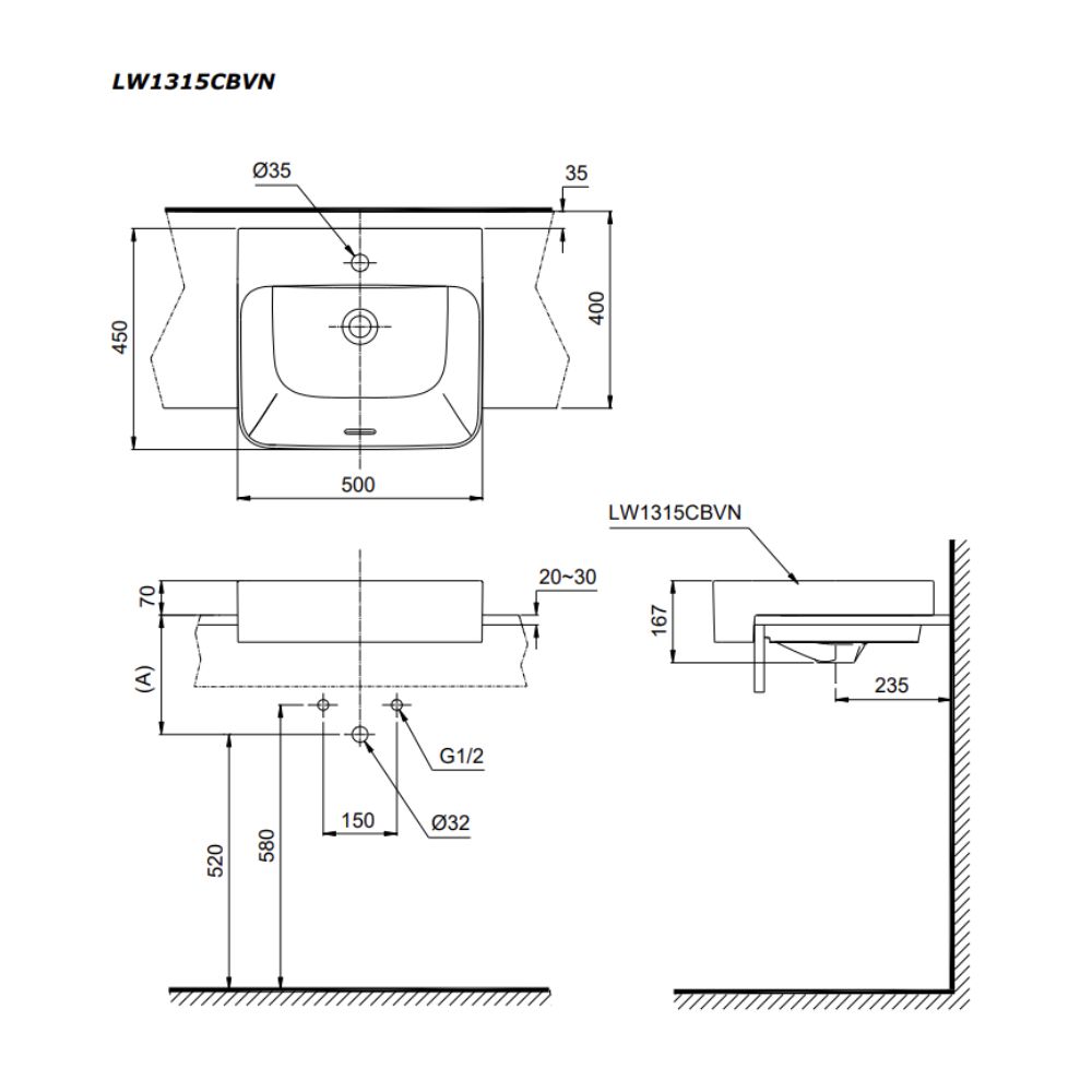 Chậu rửa mặt lavabo bán âm TOTO LW1315CBVN