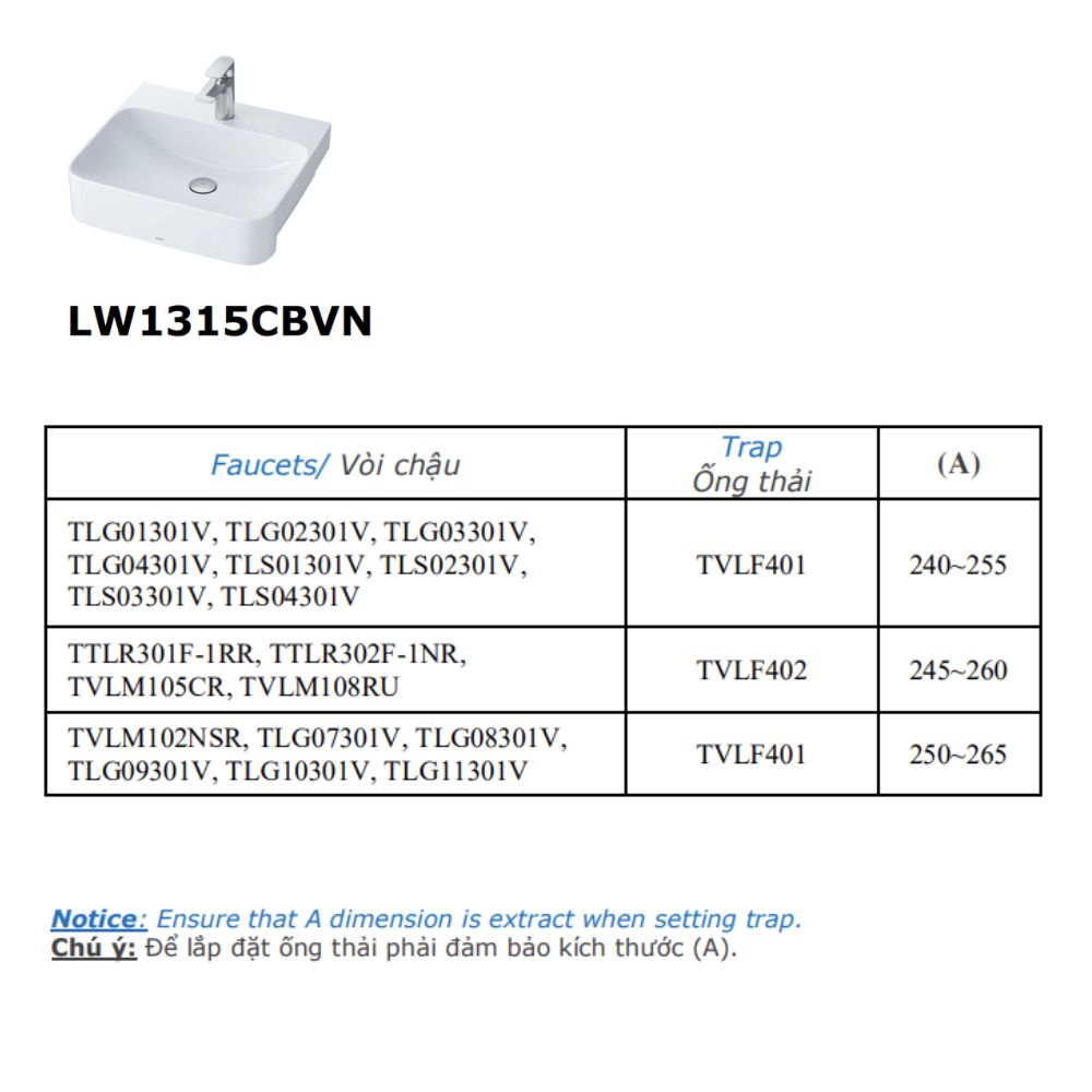 Chậu rửa mặt lavabo bán âm TOTO LW1315CBVN