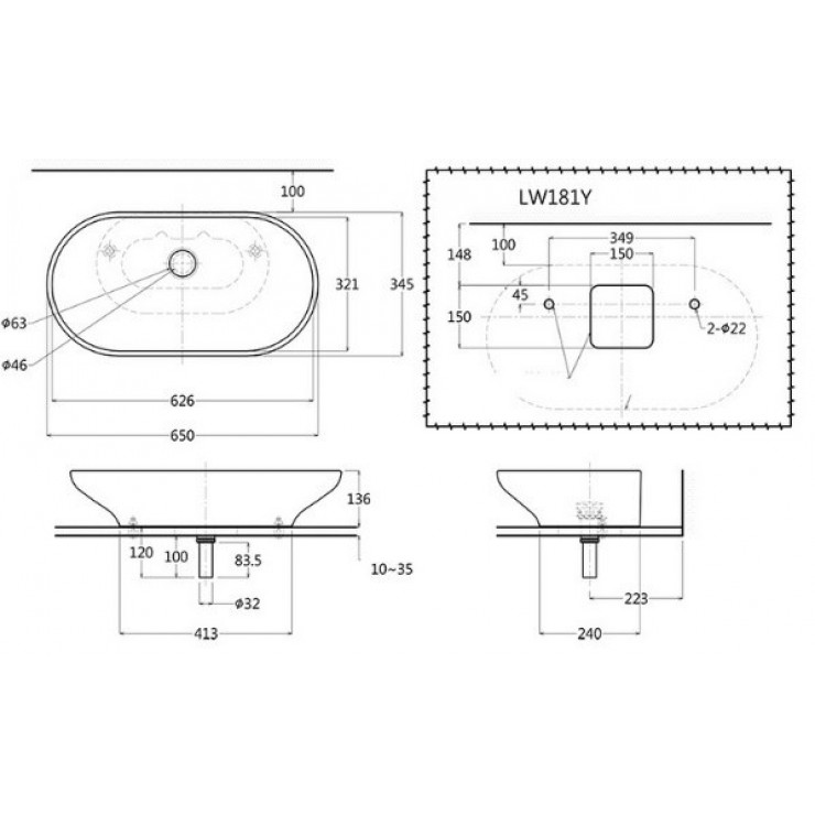 Bản vẽ kỹ thuật chậu rửa lavabo đặt bàn TOTO LW181Y