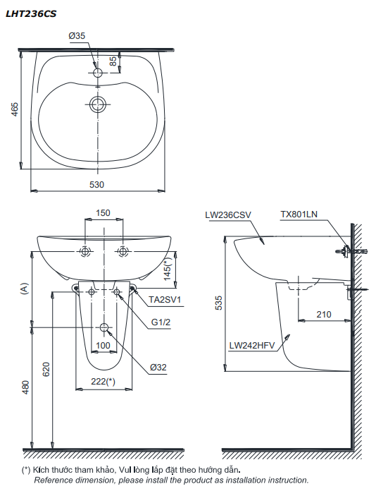 Chậu lavabo treo tường TOTO LHT236CS chân lửng