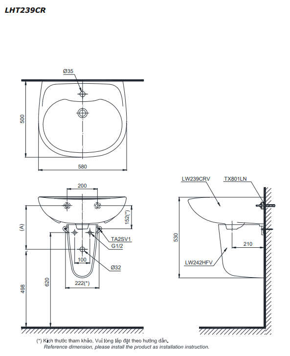 Chậu lavabo treo tường TOTO LHT239CR chân lửng