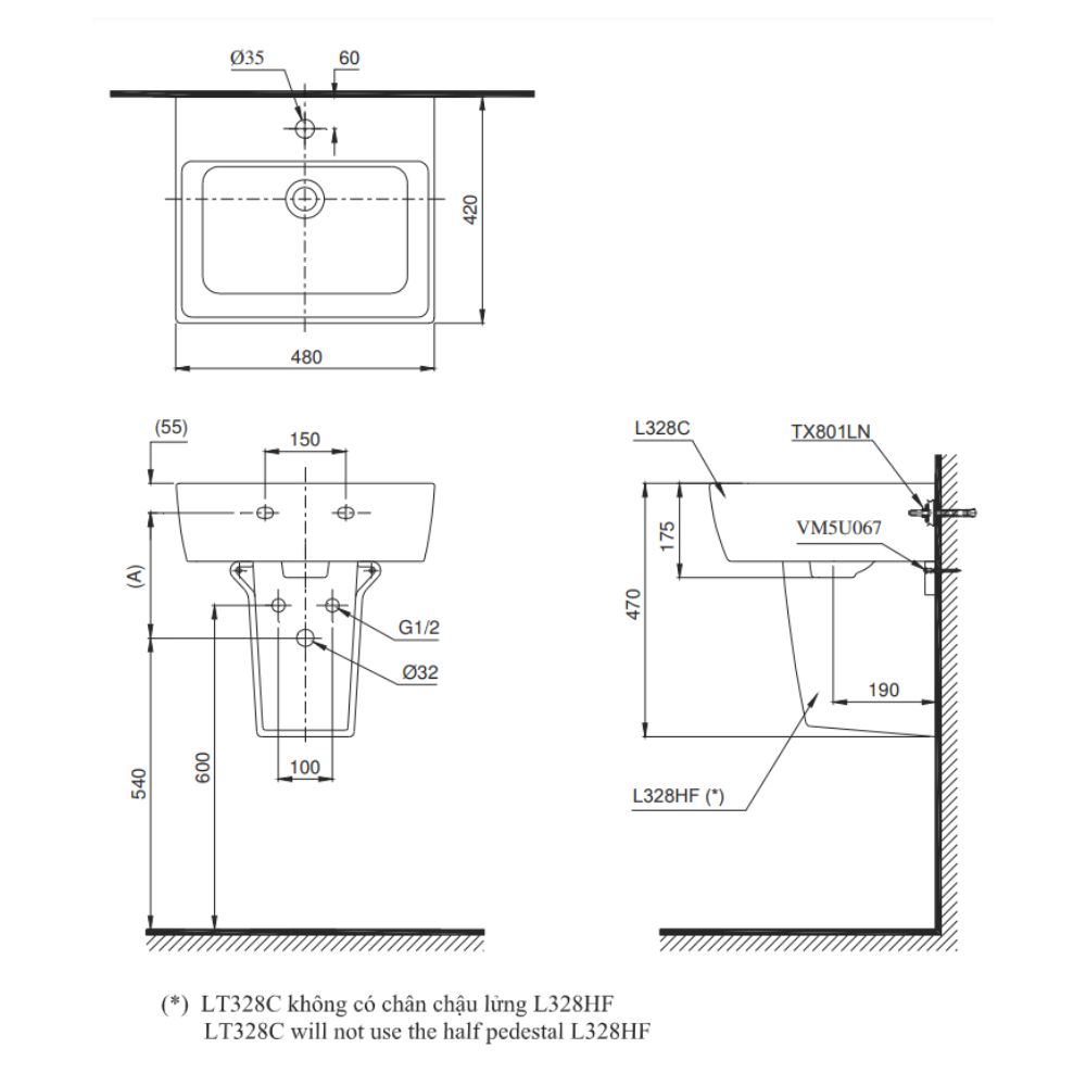 Chậu lavabo treo tường TOTO LHT328CHR chân lửng
