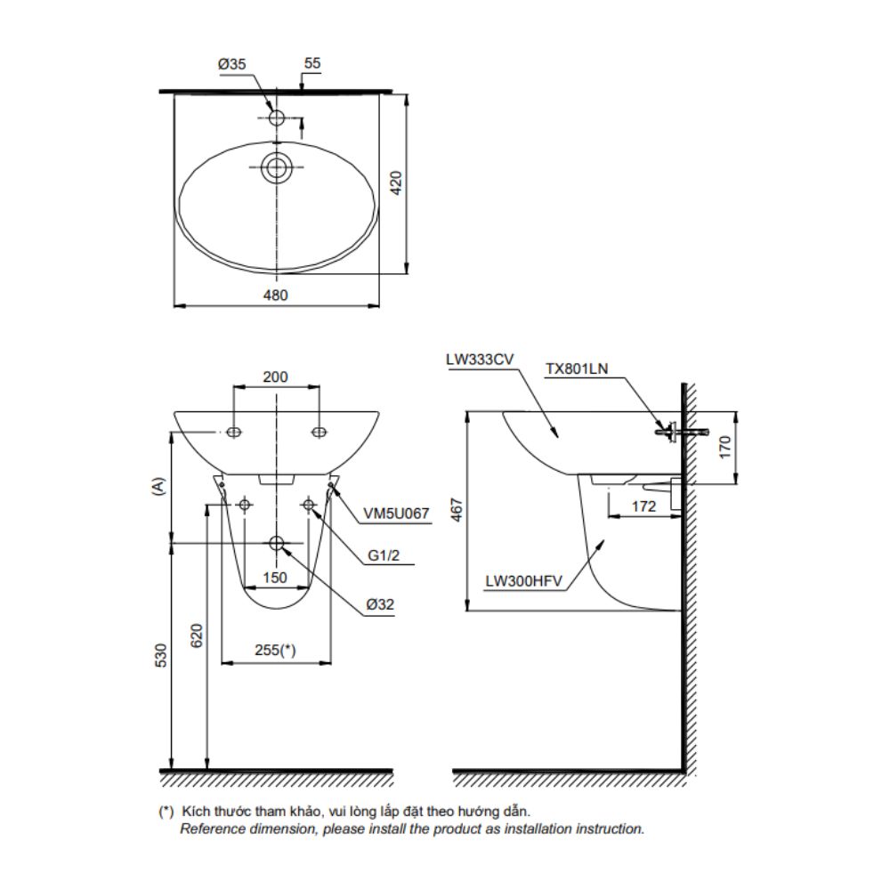 Chậu rửa lavabo treo tường TOTO LHT333C#XW chân lửng