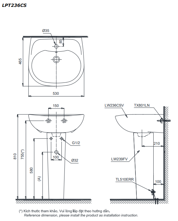 Chậu lavabo treo tường TOTO LPT236CS chân dài