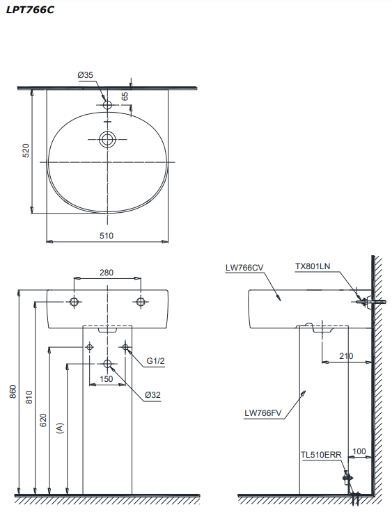 Chậu lavabo treo tường TOTO LPT766C chân dài