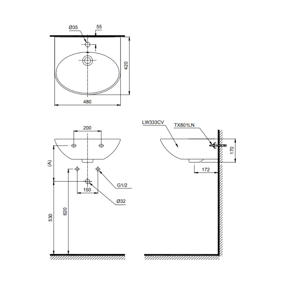 Chậu lavabo treo tường TOTO LT333C#XW