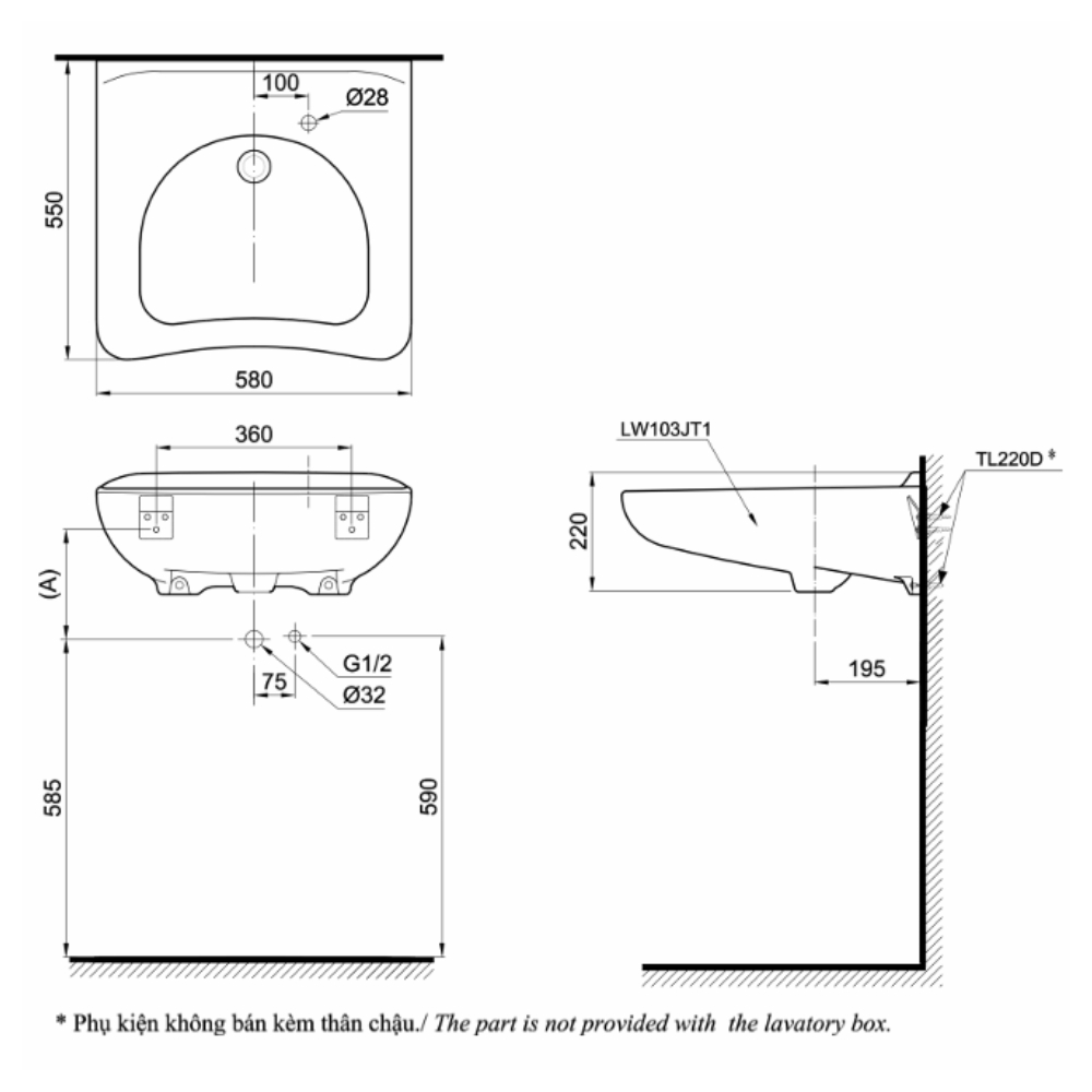 Chậu treo tường TOTO LW103JT1 TL220D T205QN cho người khuyết tật
