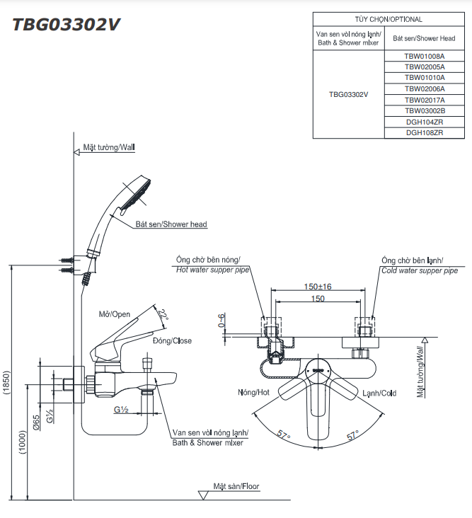 Bộ sen tắm nóng lạnh TOTO TBG03302VA TBW02005A