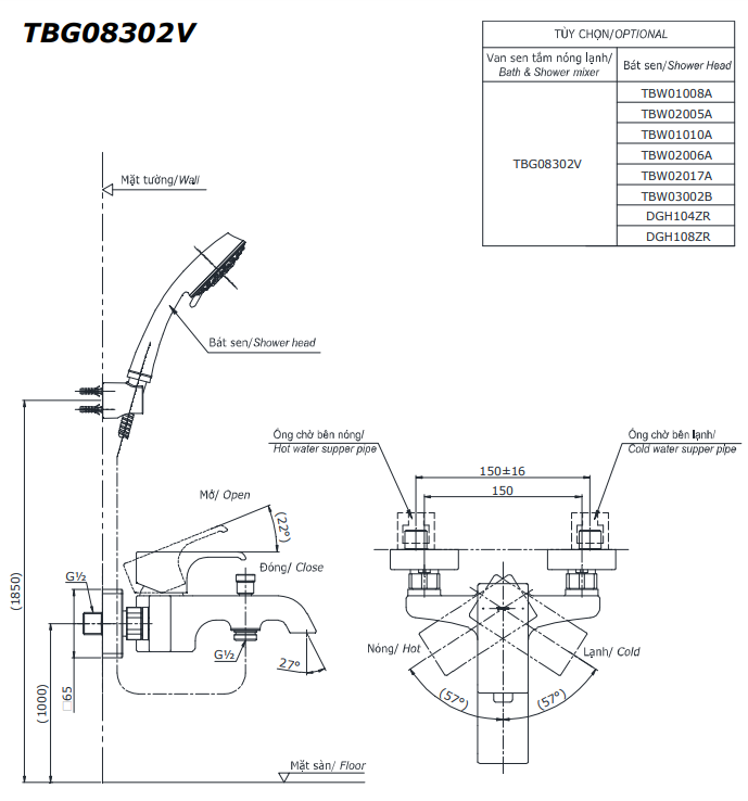 Bộ sen tắm nóng lạnh TOTO TBG08302VA TBW02005V