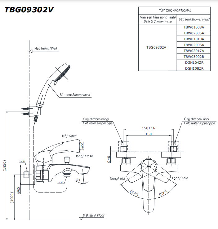 Bộ sen tắm nóng lạnh TOTO TBG09302VA TBW01010A (3 chế độ)