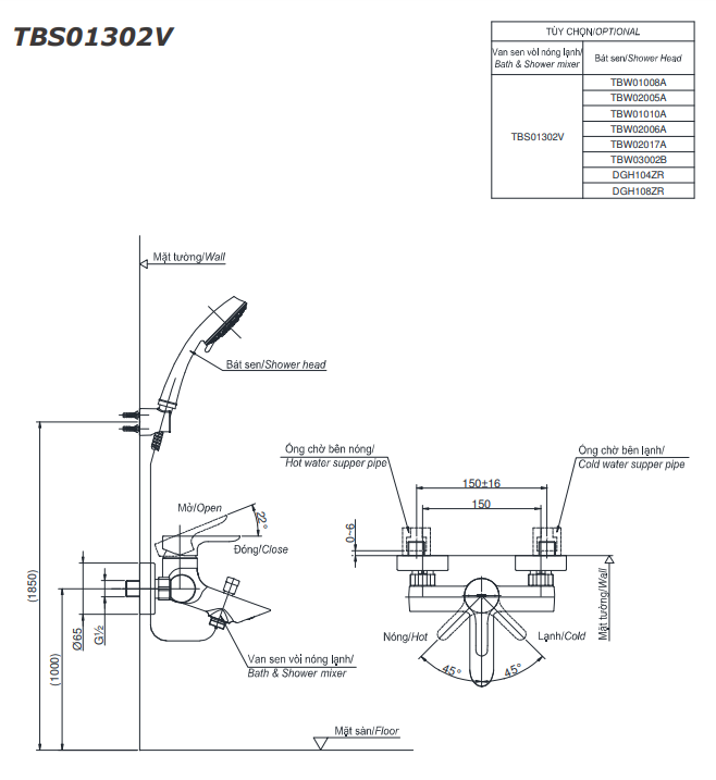 Bản vẽ kỹ thuật bộ sen tắm nóng lạnh TOTO TBS01302V/TBW07009A