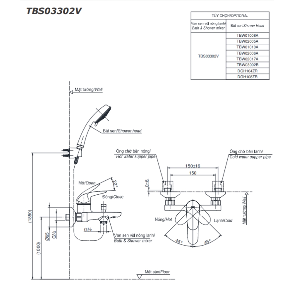 Bộ sen tắm nóng lạnh TOTO TBS03302V TBW02006A (3 chế độ)