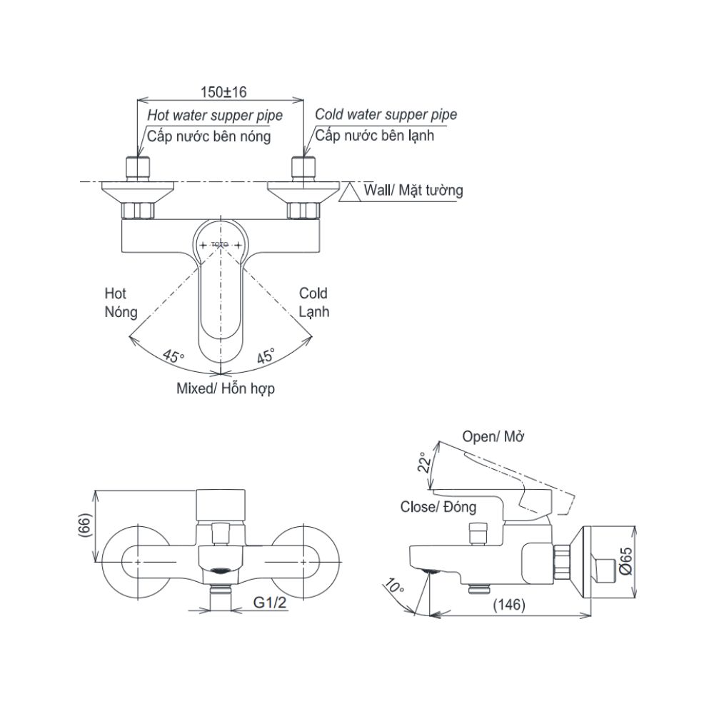 Bộ sen tắm nóng lạnh TOTO TBS06302V TBW02006V (3 chế độ)