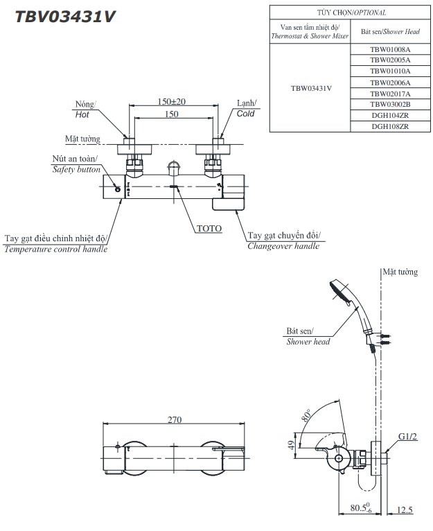 Bộ sen tắm nhiệt độ TOTO TBV03431V TBW02017A