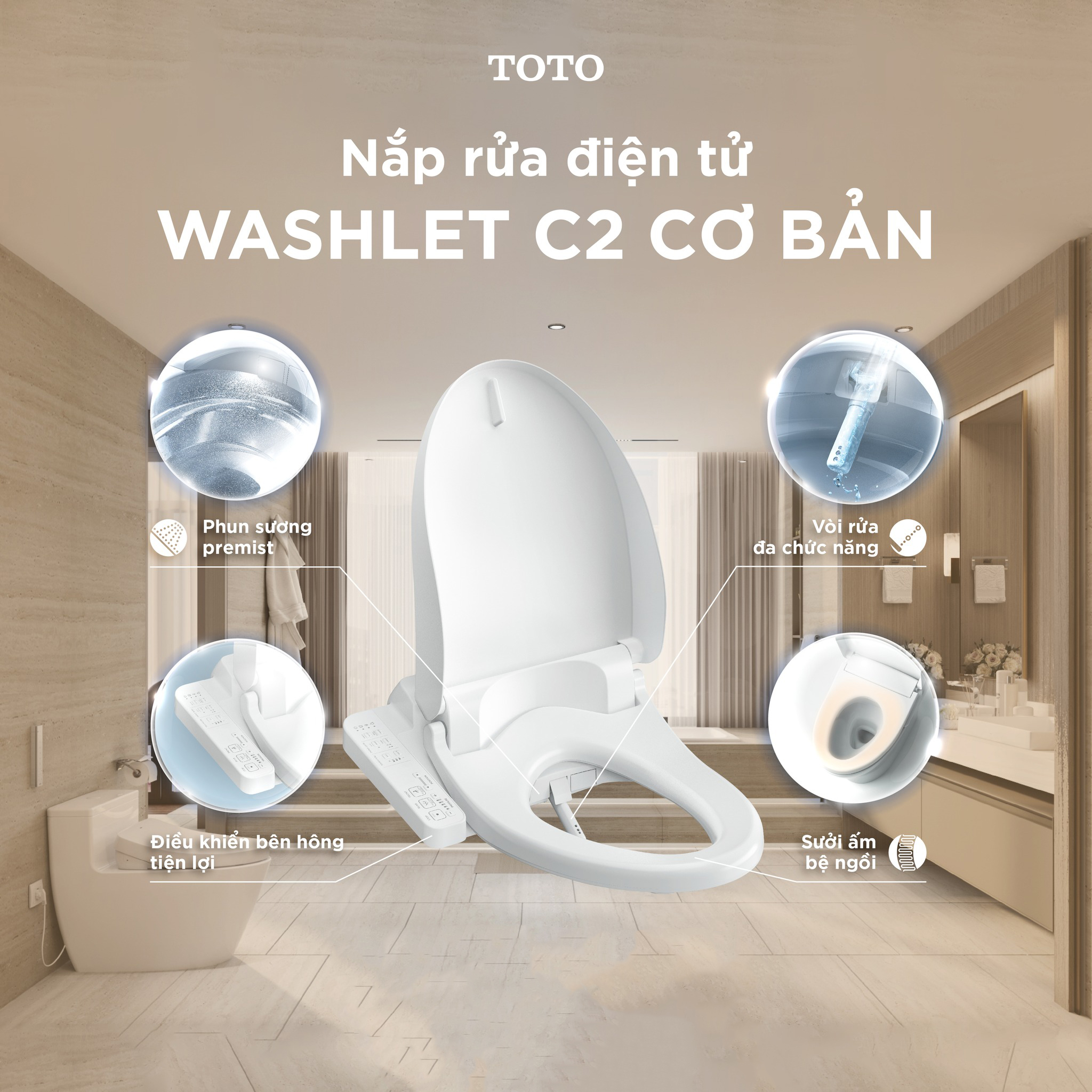 Nắp rửa điện tử TOTO washlet C2 cơ bản TCF23710AAANW1 (W18)