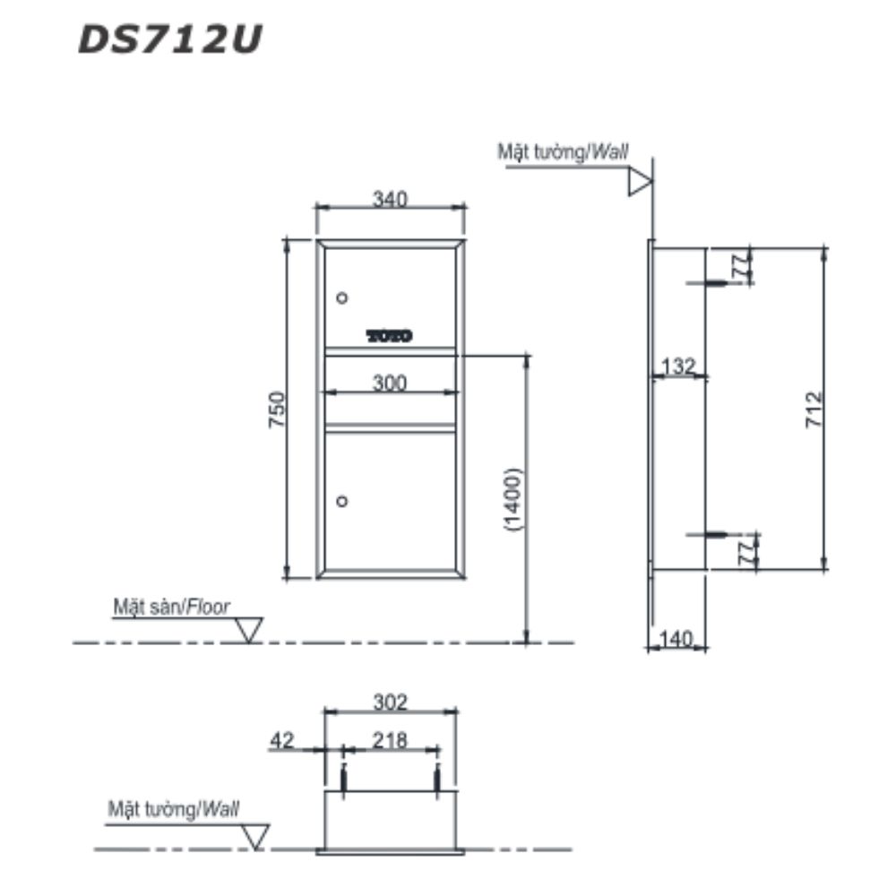 Tủ âm tường đựng giấy và thùng rác kết hợp TOTO DS712U