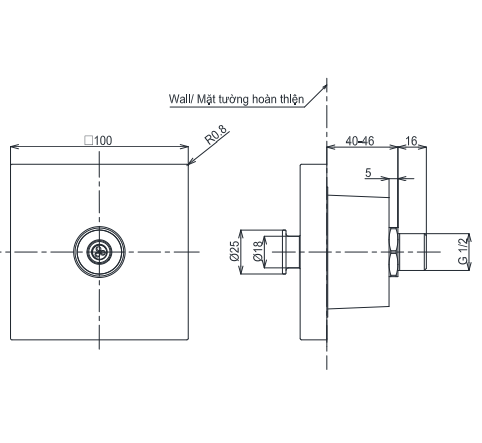Đầu phun sen TOTO TBW08008A âm tường dòng G loại vuông 1 chế độ
