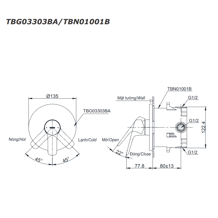 Van gật gù điều chỉnh nóng lạnh TOTO TBG03303BA kèm phụ kiện âm tường TBN01001B