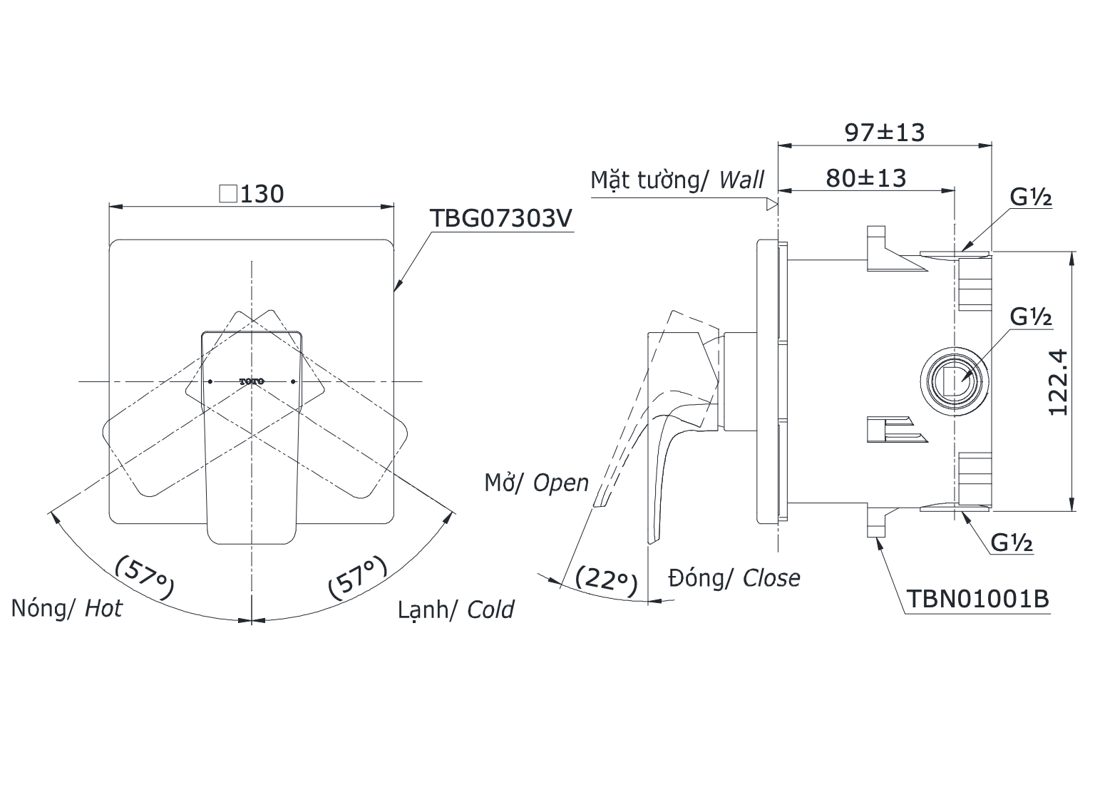 Van gật gù điều chỉnh nóng lạnh TOTO TBG07303VA kèm phụ kiện âm tường TBN01001B (TBG07303V/TBN01001B)