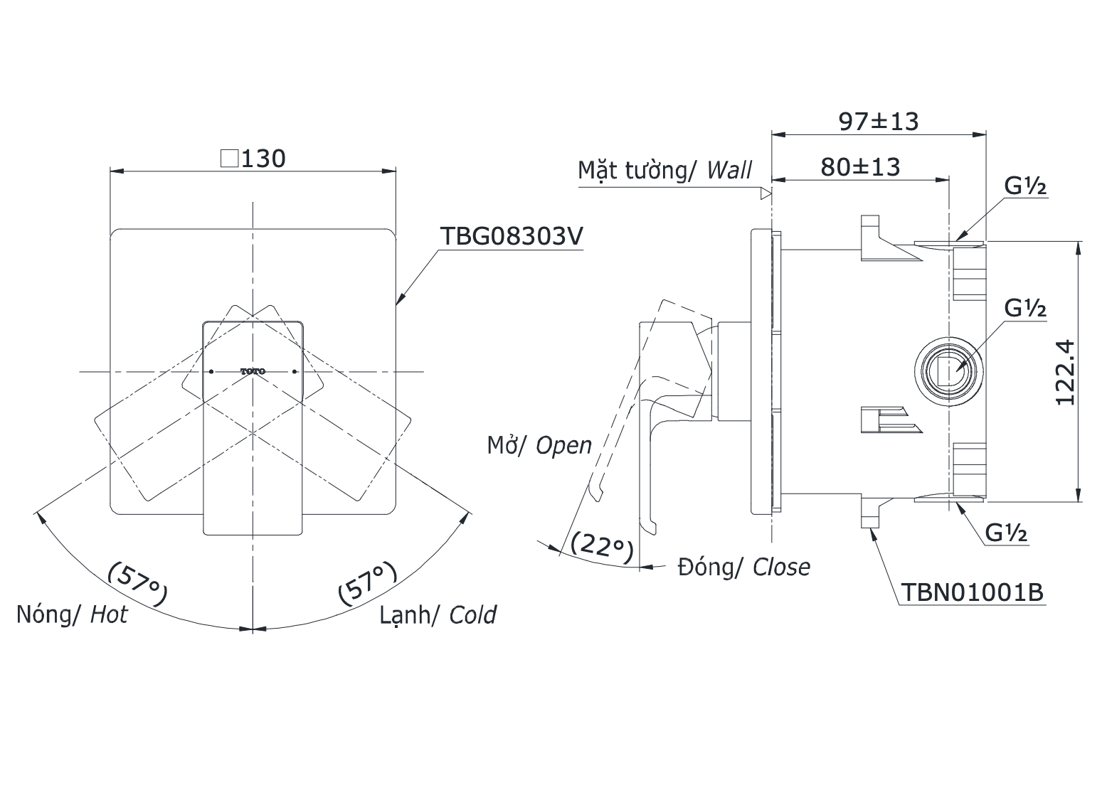 Van gật gù điều chỉnh nóng lạnh TOTO TBG08303VA kèm phụ kiện âm tường TBN01001B