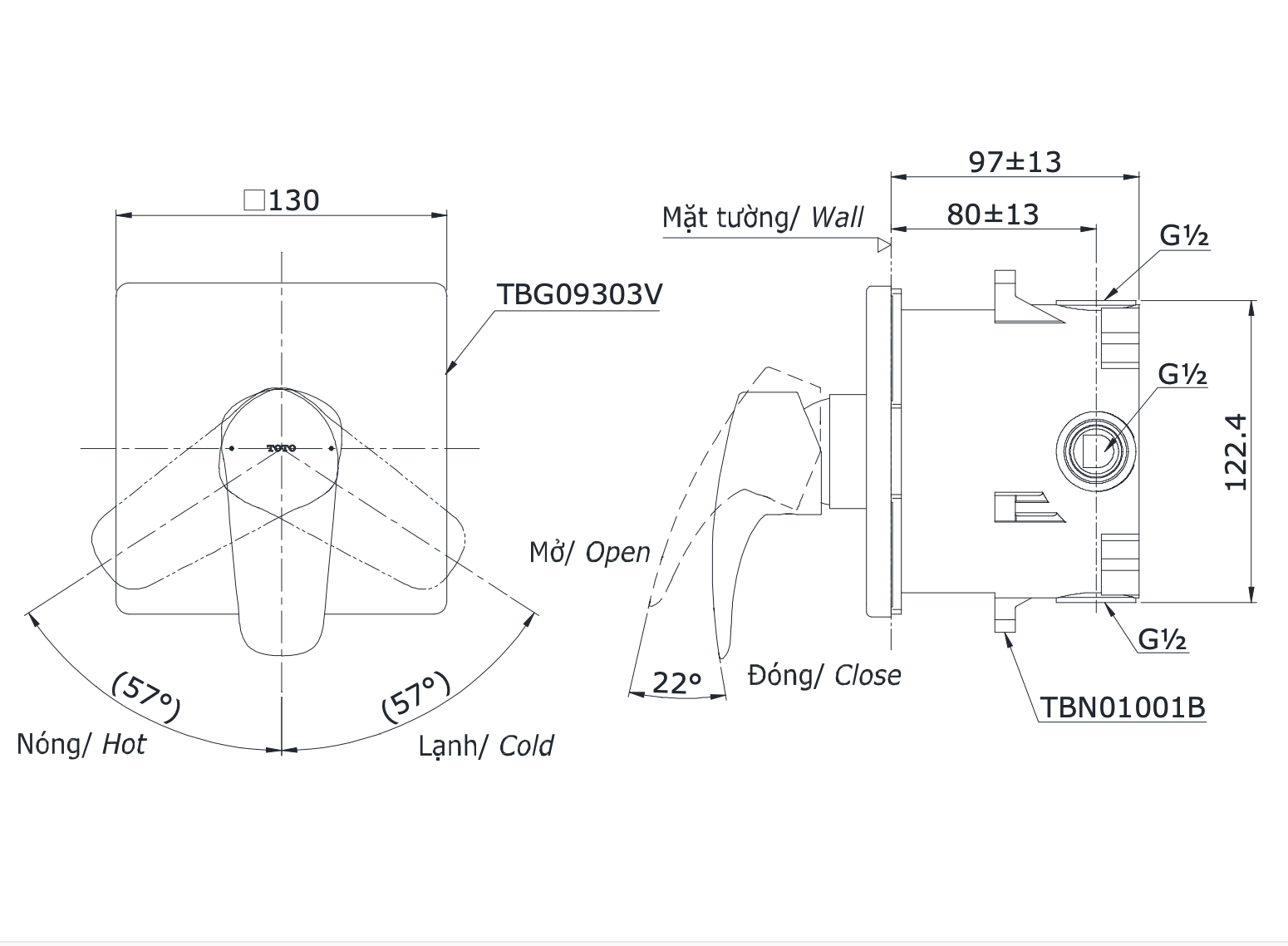 Bản vẽ kỹ thuật van gật gù điều chỉnh nóng lạnh TOTO GM TBG09303VA/TBN01001B