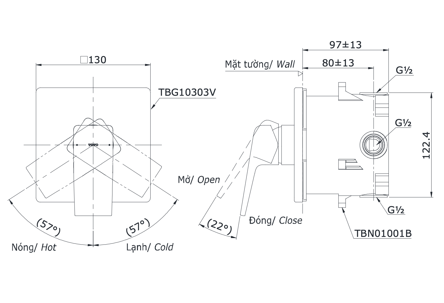 Van gật gù điều chỉnh nóng lạnh TOTO TBG10303VA kèm phụ kiện âm tường TBN01001B