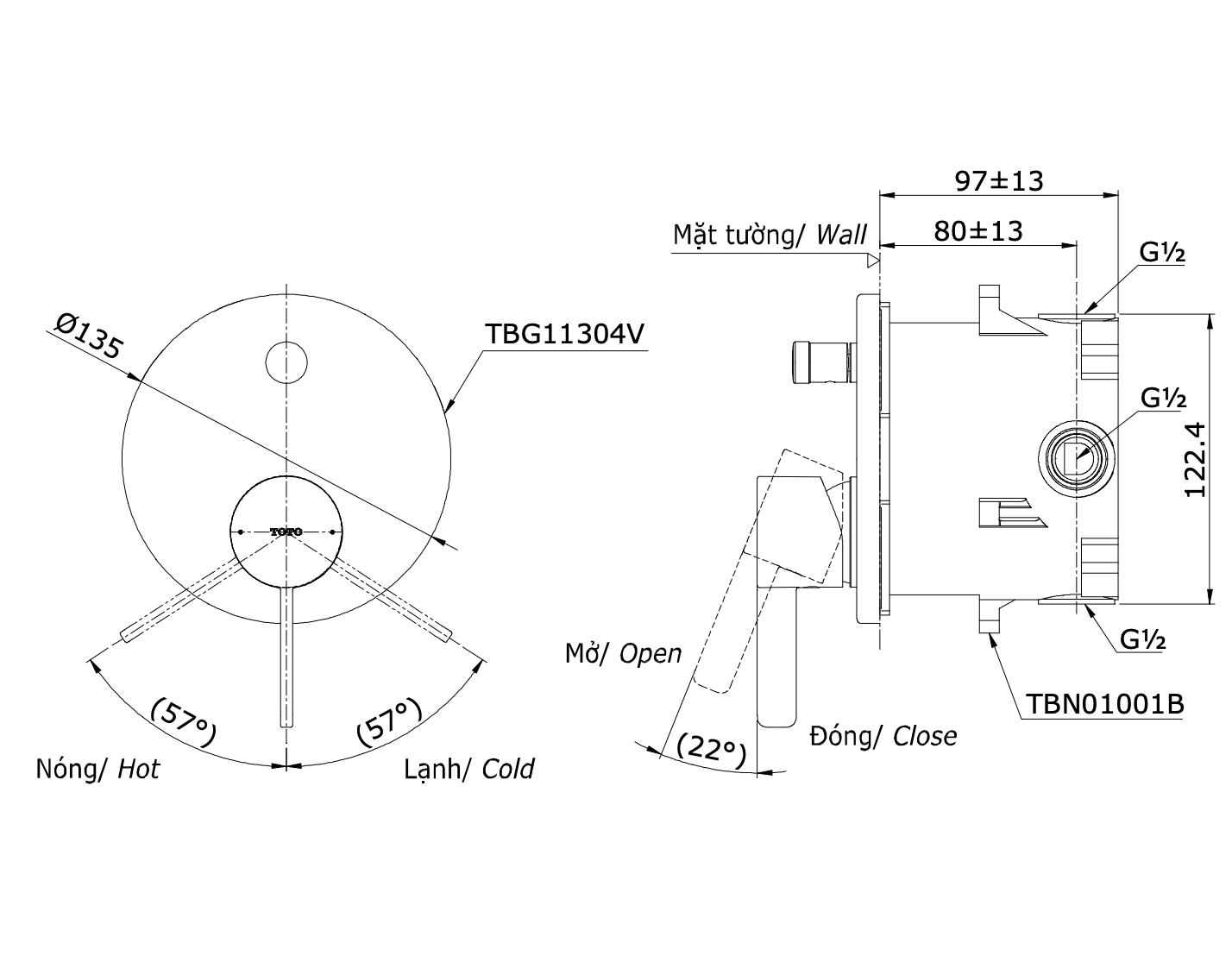 Van gật gù điều chỉnh nóng lạnh kèm nút chuyển hướng và phụ kiện âm tường TOTO TBG11304VA TBN01001B
