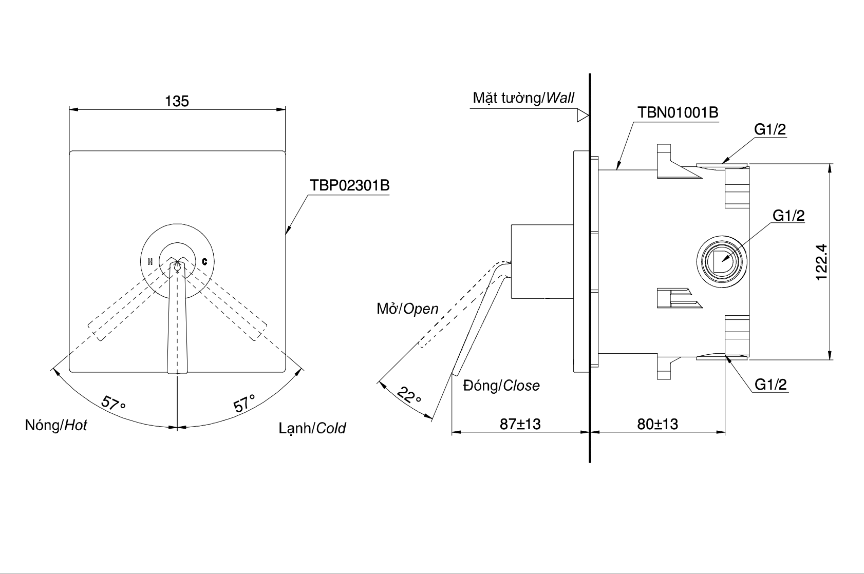 Bản vẽ van điều chỉnh nóng lạnh sen tắm âm tường TOTO TBP02301BA/TBN01001B 