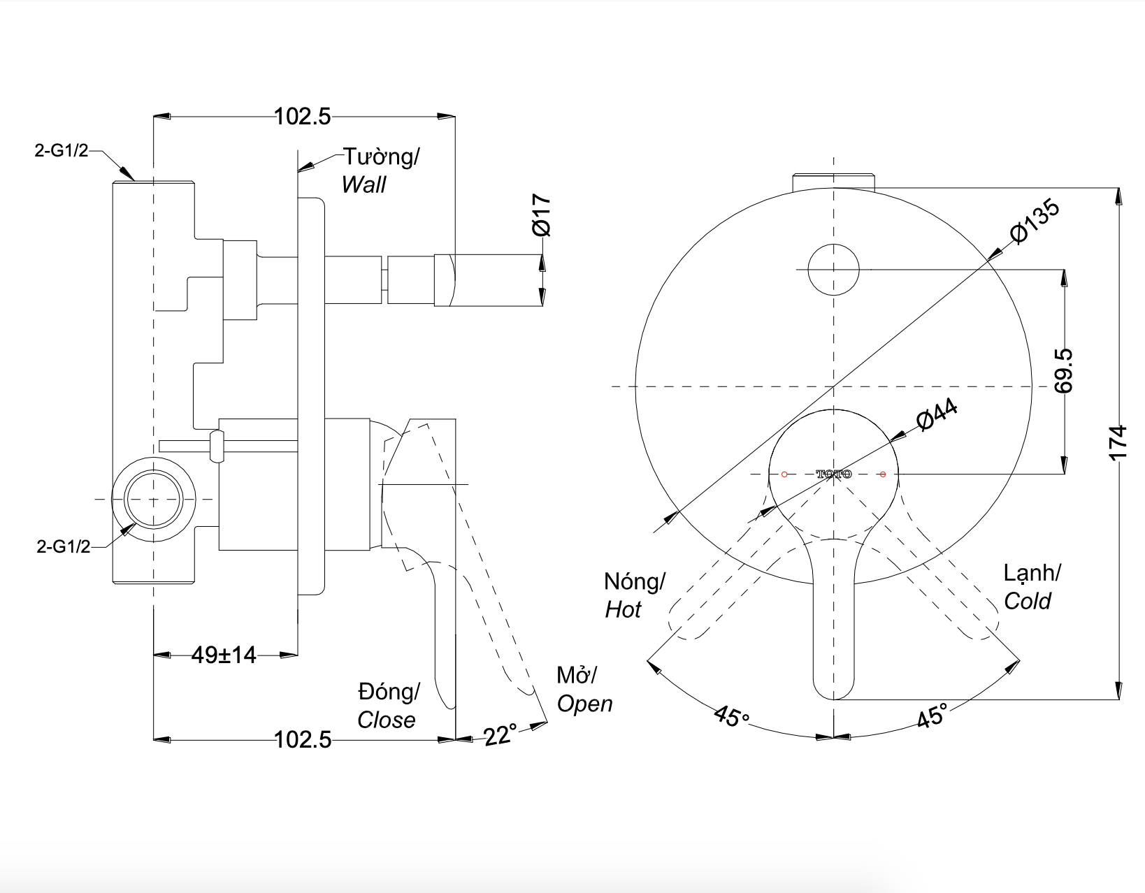 Bản vẽ kỹ thuật van gật gù điều chỉnh sen tắm nóng lạnh TOTO LB TBS01304B
