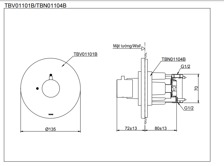 Van dừng TOTO TBV01101B kèm phụ kiện âm tường TBN01104B