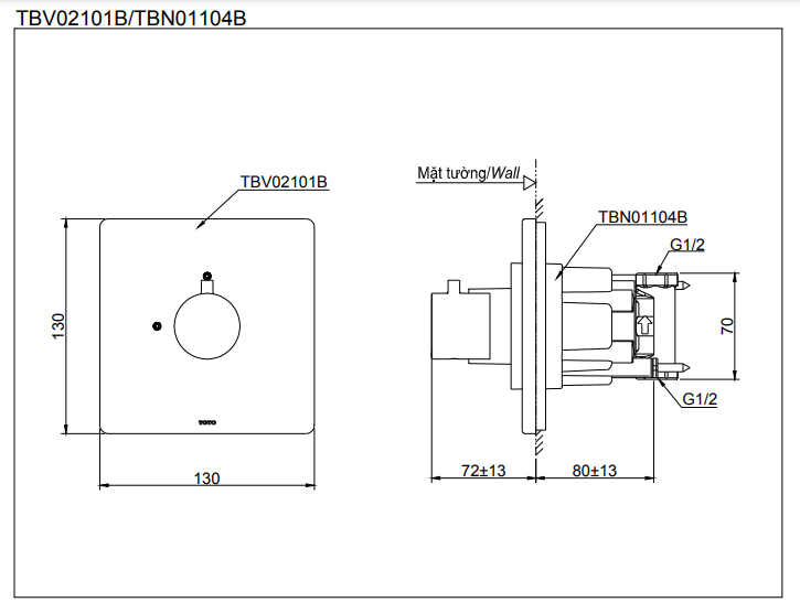 Van dừng TOTO TBV02101B kèm phụ kiện âm tường TBN01104B