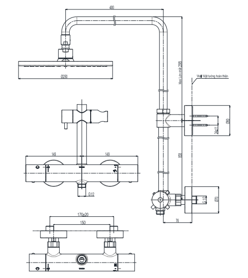 Bản vẽ kỹ thuật vòi sen tắm đứng điều chỉnh nhiệt độ TOTO TBW07404A