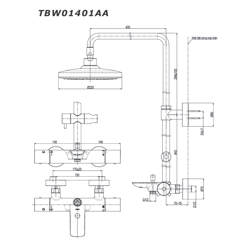 Sen cây nhiệt độ TOTO TBW01401AA dòng G kèm vòi xả bồn