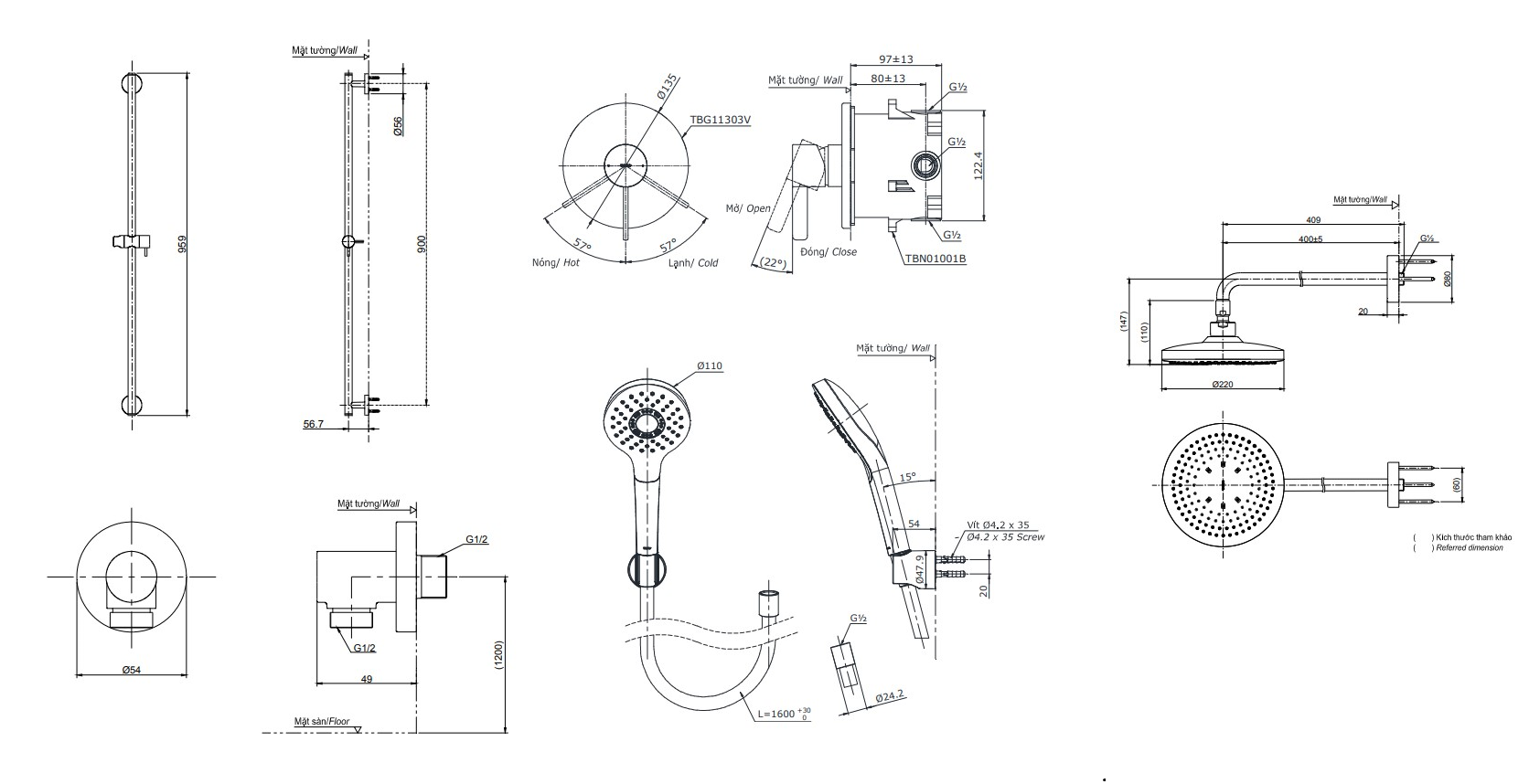 Bản vẽ kỹ thuật tổ hợp sen âm tường GLOBAL FITTING TOTO TBG11304VA
