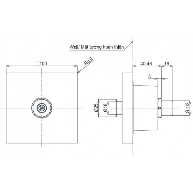 Đầu phun sen TOTO TBW08008A âm tường dòng G loại vuông 1 chế độ
