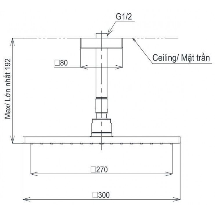 Bát sen tắm gắn trần TOTO TBW08003A1 (vuông, 300 mm)