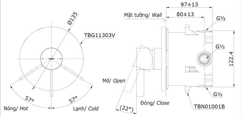 Bản vẽ kỹ thuật van điều chỉnh nóng lạnh TOTO TBG11303V gật gù