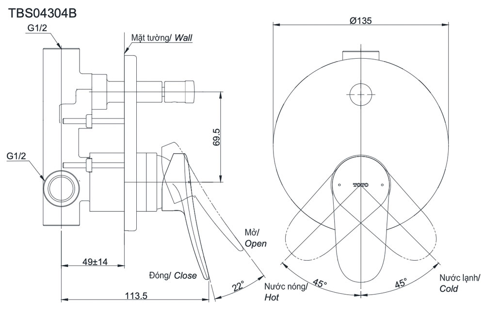 Van gật gù điều chỉnh nóng lạnh kèm nút chuyển hướng TOTO TBS04304B