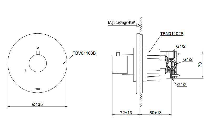 Van chuyển hướng 2 đường nước TOTO TBV01103B kèm phụ kiện âm tường TBN01102B