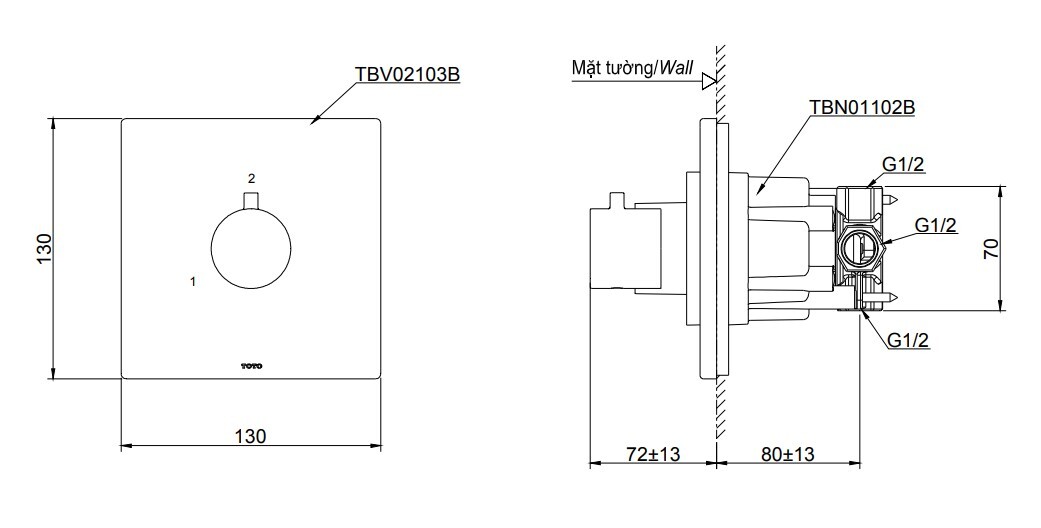 Van chuyển hướng 2 đường nước TOTO TBV02103B kèm phụ kiện âm tường TBN01102B