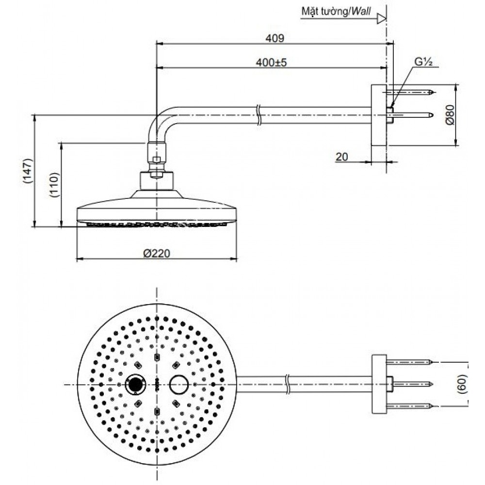 Bản vẽ kỹ thuật của bát sen tắm âm tường nóng lạnh TOTO TBW01004A: