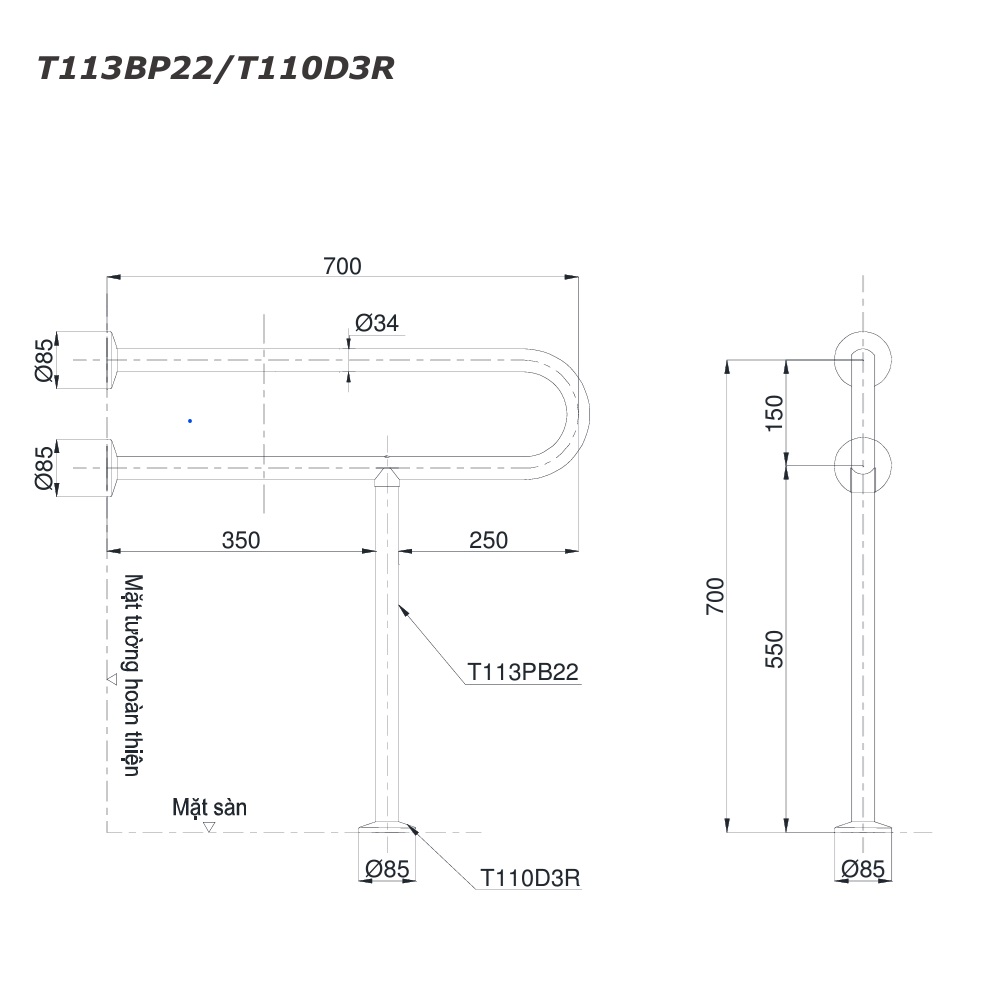 Thanh tay vịn chữ P TOTO T113BP22/T110D3R(x3)