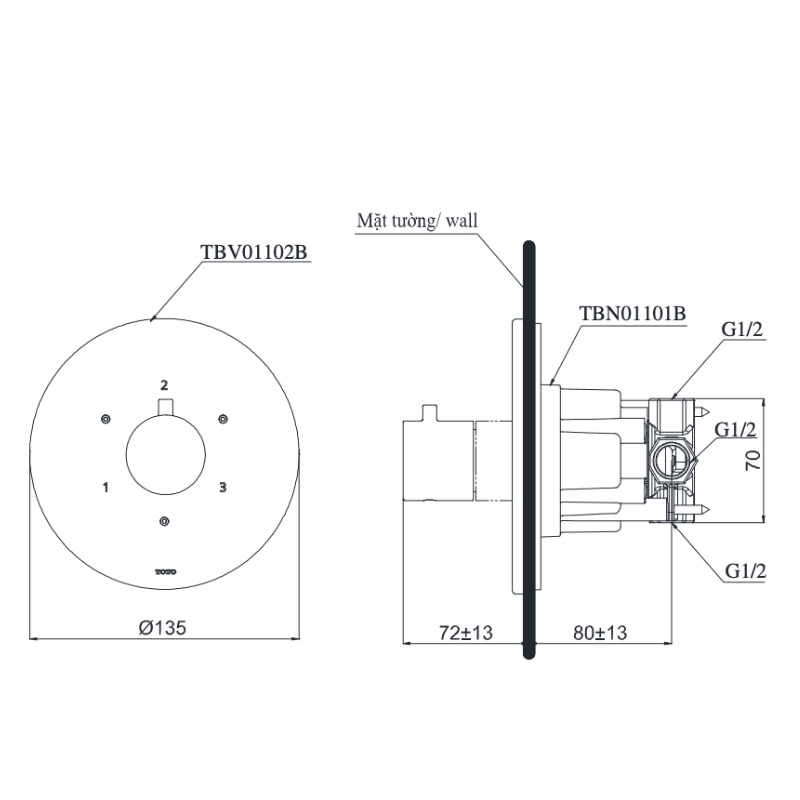 Van chuyển hướng 3 đường nước TOTO TBV01102B kèm phụ kiện âm tường TBN01101B