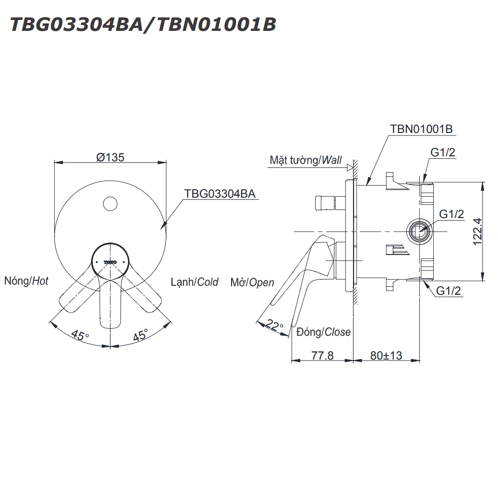 Van gật gù điều chỉnh nóng lạnh kèm nút chuyển hướng và phụ kiện âm tường TOTO TBG03304BA TBN01001B