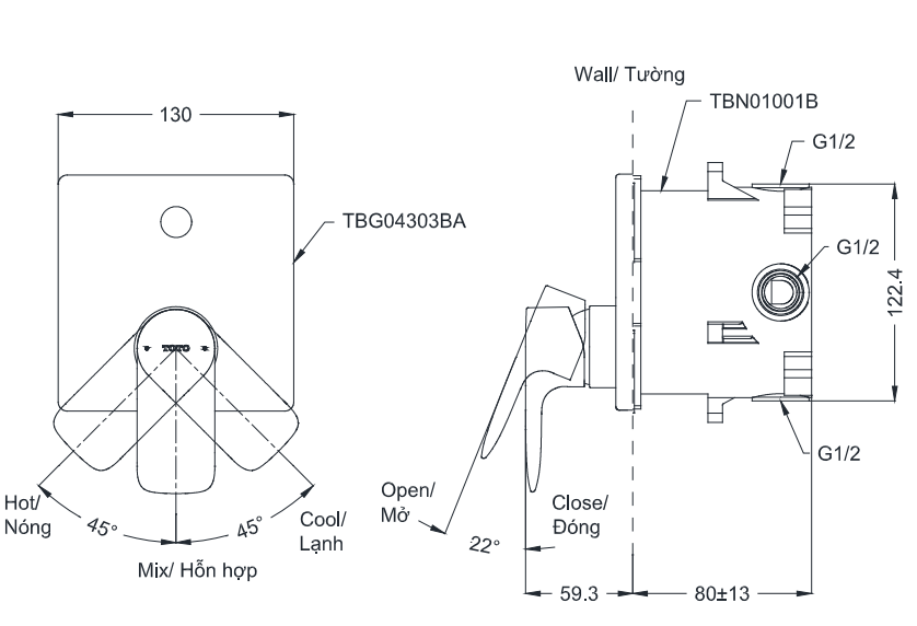 Bản vẽ kỹ thuật của van gật gù điều chỉnh nóng lạnh GA kèm phụ kiện âm tường TOTO TBG04303BA TBN01001B