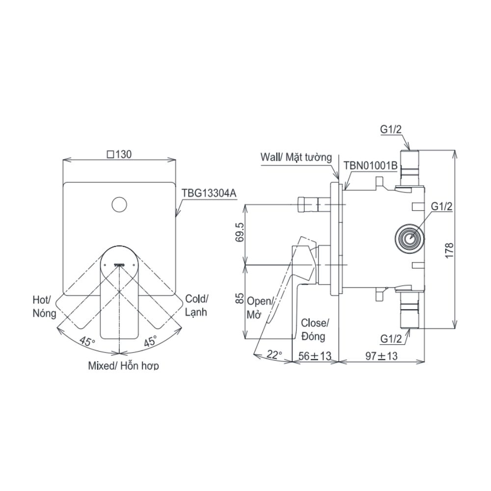 Van gật gù điều chỉnh nóng lạnh kèm nút chuyển hướng và phụ kiện âm tường TOTO TBG13304A TBN01001B