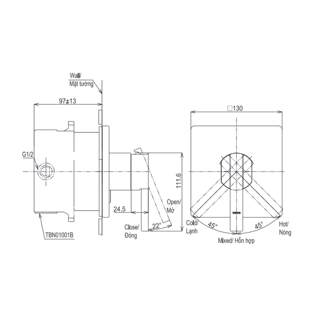 Van gật gù TOTO TBG153C0A/TBN01001B điều chỉnh nóng lạnh kèm phụ kiện âm tường