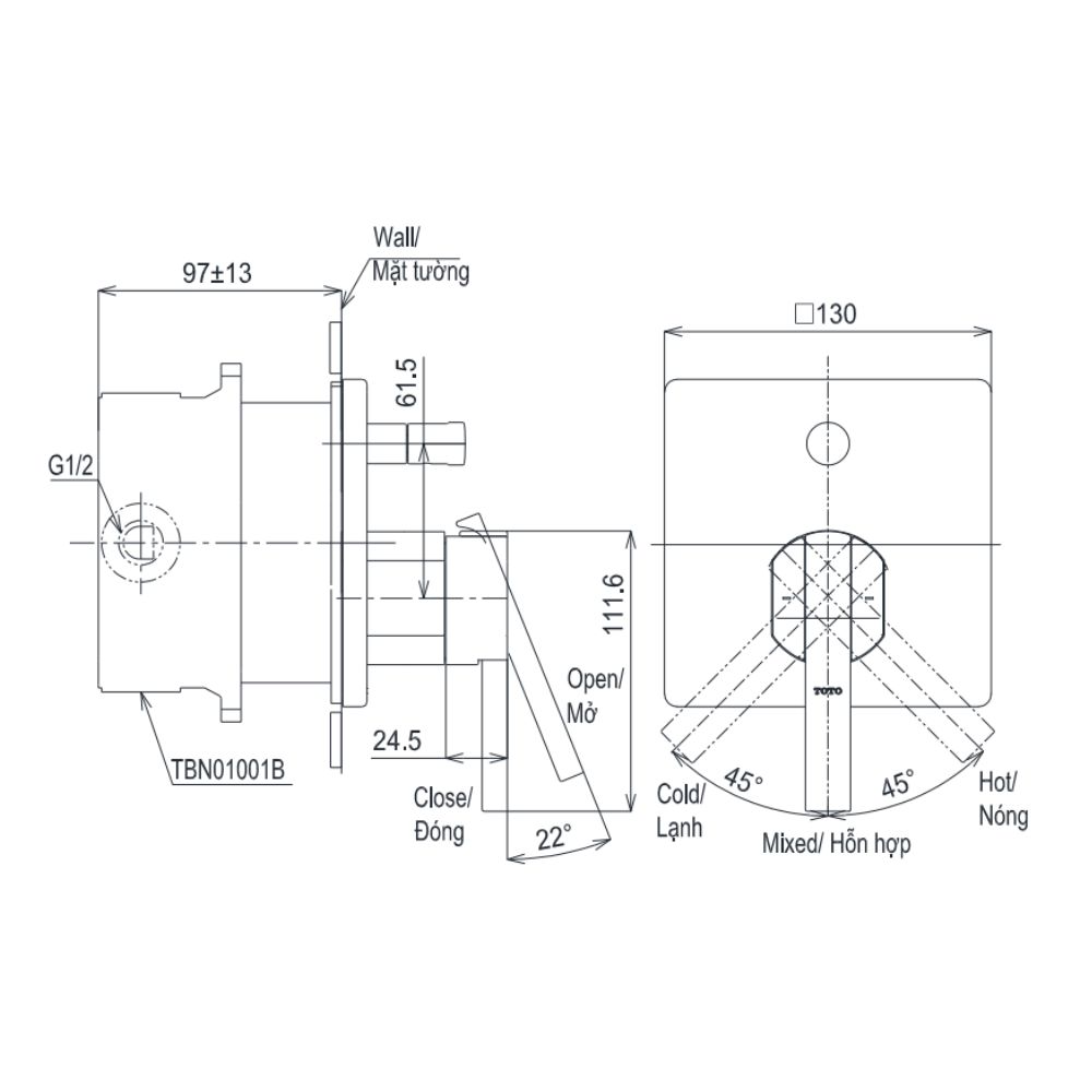 Van gật gù TOTO TBG153D0A/TBN01001B điều chỉnh nóng lạnh kèm nút chuyển hướng và phụ kiện âm tường