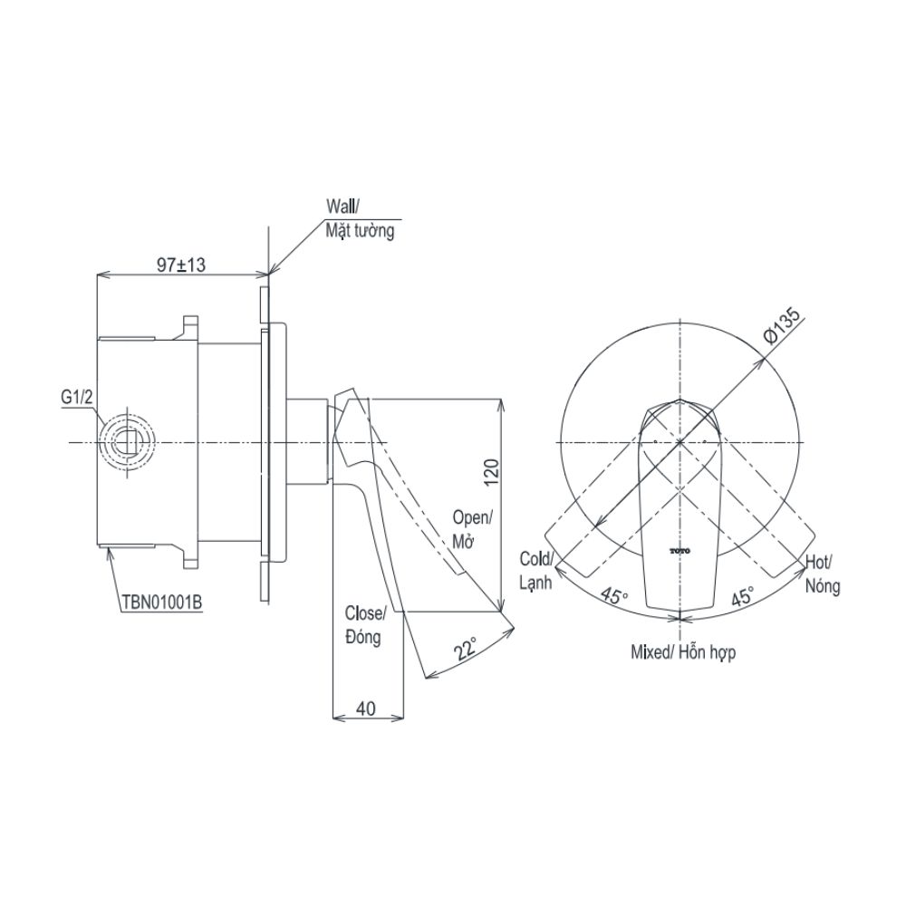 Van gật gù TOTO TBG163C0A/TBN01001B điều chỉnh nóng lạnh kèm phụ kiện âm tường